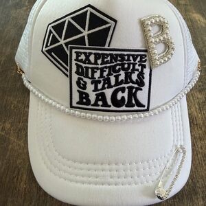 White Embellished Baseball Cap with Pearl Trim